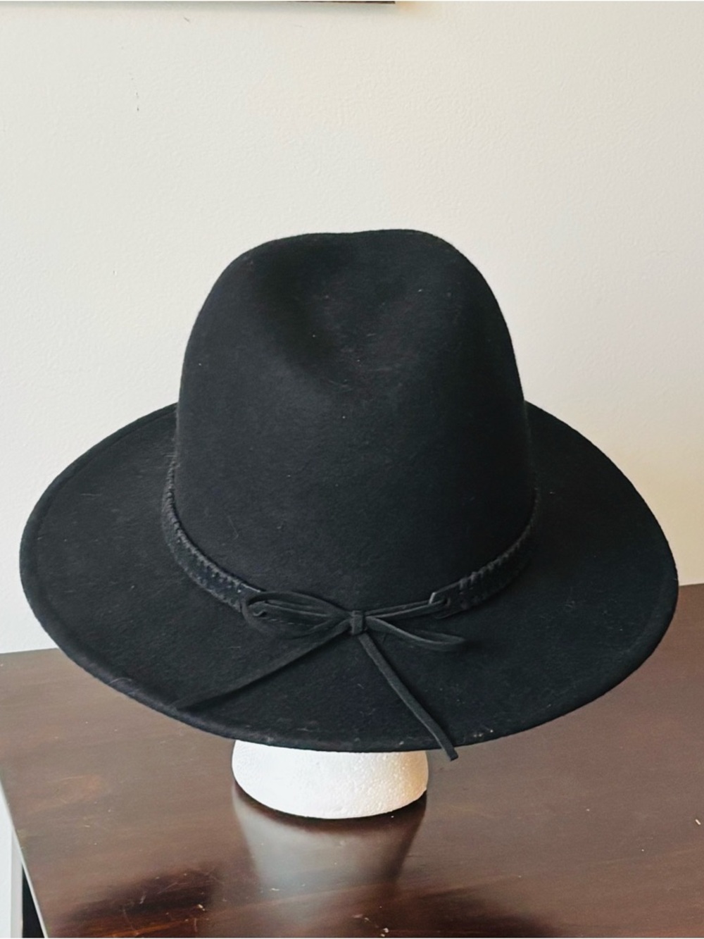 Treasure & Bond Black 100% Wool Wide-Brim Fedora Hat with Ribbon Detail-OS